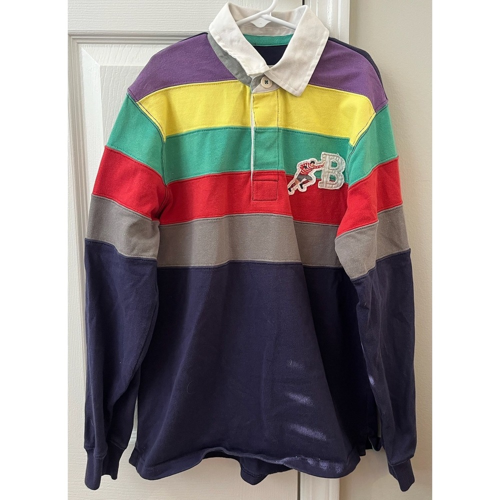 Mini Boden Boys Rainbow Stripe Rugby Shirt Navy Blue Long Sleeve Size 11-12Y